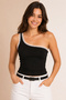 Black One-Shoulder Lace Strap Detailed Stretchy Women's Blouse - 2