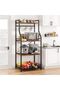 4 Tier Microwave Oven Shelf - Industrial Style, Sturdy Metal Frame, Wire Basket, 8 Hooks - Kitchen Organizer, Spices, Pots, Coffee Bar - Black + Brown