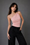 Women's Pink One-Shoulder Special Design Blouse with Accessory Detail - 7