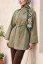 Side Collared, Buttoned, Striped, Lace-Up Crinkle Shirt -Khaki - 4