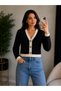 Women's V-Neck Buttoned Striped Short Crop Jacket-Cardigan - 2