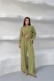Women's Green Tensel Fabric Oversized Shirt and Pants Two-Piece Set Nbnp037