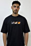 Cartoon Cats_1 Design Printed Oversize Black T-Shirt
