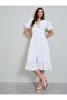 White Puff Sleeves A-Line Midi Dress