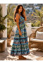 Turquoise Color Embroidery and Pompom Detailing on Front and Back V Imported Bohemian Dress