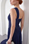 Women's Navy Blue Asymmetrical Collar Slit Long Evening Dress - 2