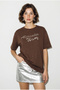 Women's Bitter Brown Glitter Stone Lettering Printed Crew Neck Oversize Basic T-Shirt 2244 60286376 - 4