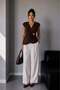 1021 Women's Gold Buckle Detailed Double-Breasted Look Draped V-Neck Blouse Brown