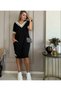 Women's Short Sleeve V-Neck Rib Detailed Pocket Knee Length Viscose Dress - 3
