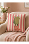 Pink Striped Decorative Throw Pillow Cover with Frog Figure 43X43 cm Summer Home Decor - 2