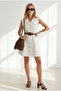 Women's White Belted Pocketed Mini Cotton Dress Elb-19002668 - 2