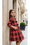 Girls' Striped Red Plaid Patterned Velvet Buttoned Long Sleeve Below Knee Dress - 6