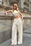 Wide Leg Trousers with Trok Detail and Detachable Shawl - Ecru - 2