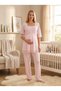 Women's Pink Short-Sleeved Lace Detailed Buttoned Breastfeeding-Friendly 100% Cotton Maternity Long Dressing Gown Pajama Set 3-Piece Set - 5