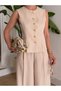 Mona Gold Button Detailed Women's Linen Vest and Trousers Set – Cream - 3