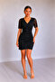 Women's Black Short Sleeve Double Breasted Collar Lace Sleeves Gathered Side Crepe Mini Dress - 3
