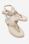 Women's Beige Genuine Leather Flip-Flop Sandals with Metal Accessories