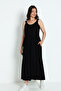 Black Women's Maxi Length Buttoned Pocketed Viscose Lycra Dress