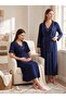 New Season Navy Blue Double-Breasted Collared 100% Cotton Short-Sleeved Special Design Maternity Nightgown Set with Nursing Features - 2