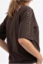 2166 Women's Stone Detailed Crew Neck Short Sleeve Blouse Brown - 3