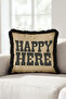Modern Typographic Happy Here Fringed Pillowcase - Bohemian Tassel Throw Pillow Cover with Stylish Lettering