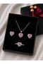 Miore Pink Heart Stone Necklace Earrings Adjustable Ring Set Zircon Stone Women's 3-Piece Jewelry Set - 3