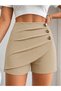 Women's High Waist Front Pleated and Buttoned Short Imported Crepe Shorts