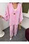 Single Gold Button V-Neck Wide Sleeve Wrinkled Textured Kimono Trouser Set 9110 - Pink - 7