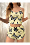Women's Yellow Butterfly Patterned Shorts Pajama Set Thin Straps Ribbed Crop Tank Top Soft Textured Home Wear - 3