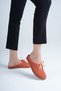 Women's Genuine Leather Flat Slippers with Bow Detail - Orange Suede - 2