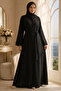 Lace Detailed Belted Black Hijab Robe 29140S - 2