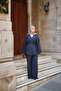 Women's Double Pocket V-Neck Buttoned Waist Tie Suit Navy Blue - 2