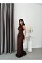 Brown Halter Neck Lace Fabric Stone Embellished Evening Dress - 3