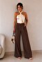 Women's Wide-Leg Brown Striped Fabric Trousers - 3
