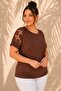 Women's Plus Size Shoulder Flower Tulle Stone Embellished Short Sleeve Stretchy Viscose Blouse - 3