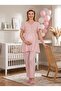 New Season Pink Buttoned Lace Detailed Short-Sleeved Special Design 100% Cotton Summer Maternity Pajama Set with Breastfeeding Feature - 8