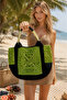 Women's Black-Green Handmade Straw Beach Bag - 6