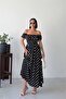 Women's Black Madonna Collar Ruffle Detailed Patterned Midi Length Dress Nbg136