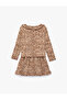 Ruffle Detailed Long Sleeve Crew Neck Leopard Print Dress - 4
