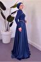 Pearl Detailed Crepe and Satin Combination Flared Hijab Evening Dress - 5