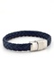 Navy Blue Braided Leather Stainless Steel Clip Men's Bracelet M065B - 4