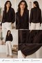 Women Coffee Ruffle V-Neck Long Sleeve Crepe Shirt Stylish Casual Blouse - 3