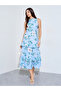 Blue Floral Print Sleeveless Flare Midi Dress