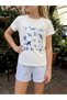Girl's Sea Creatures Printed White T-Shirt-Blue White Striped Poplin Fabric Shorts Bottom Top Set - 2