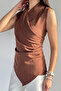 Brown Women's Double Breasted Collar Stoned Draped Asymmetrical Cut Blouse - 3