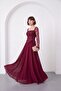 Women's Burgundy Square Neck Long Sleeve Sequined Long Evening Dress