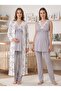 New Season Gray Patterned Wide Strap Lace Detailed Summer Special Design 100% Cotton Maternity Long Dressing Gown Pajama Set - 7