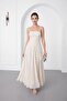 Women's Beige Thin Strap Floral Patterned Maxi Event Dress