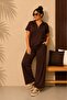 Women's Brown Plus Size Top Zippered Collared Short Sleeve Bottom Waist Elasticated Pocketed Wide Leg Modal 2-Piece Tracksuit Set - 3