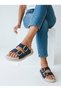 Straw Patterned Gold Double Buckle Women's Slippers - 5